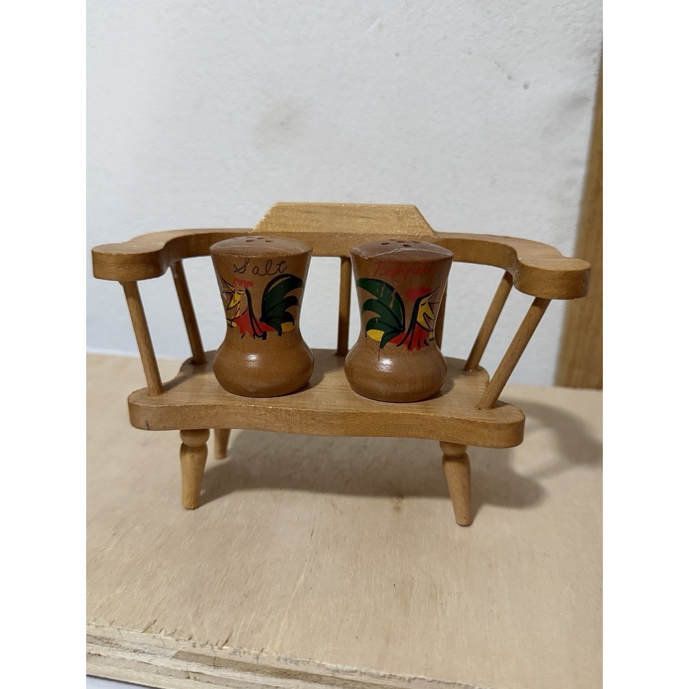 Vintage Salt & Pepper Set Wooden Bench Spindle Legs with Shakers Roosters